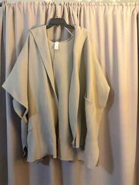 Free People Beige Hooded Open-Front Poncho Wrap